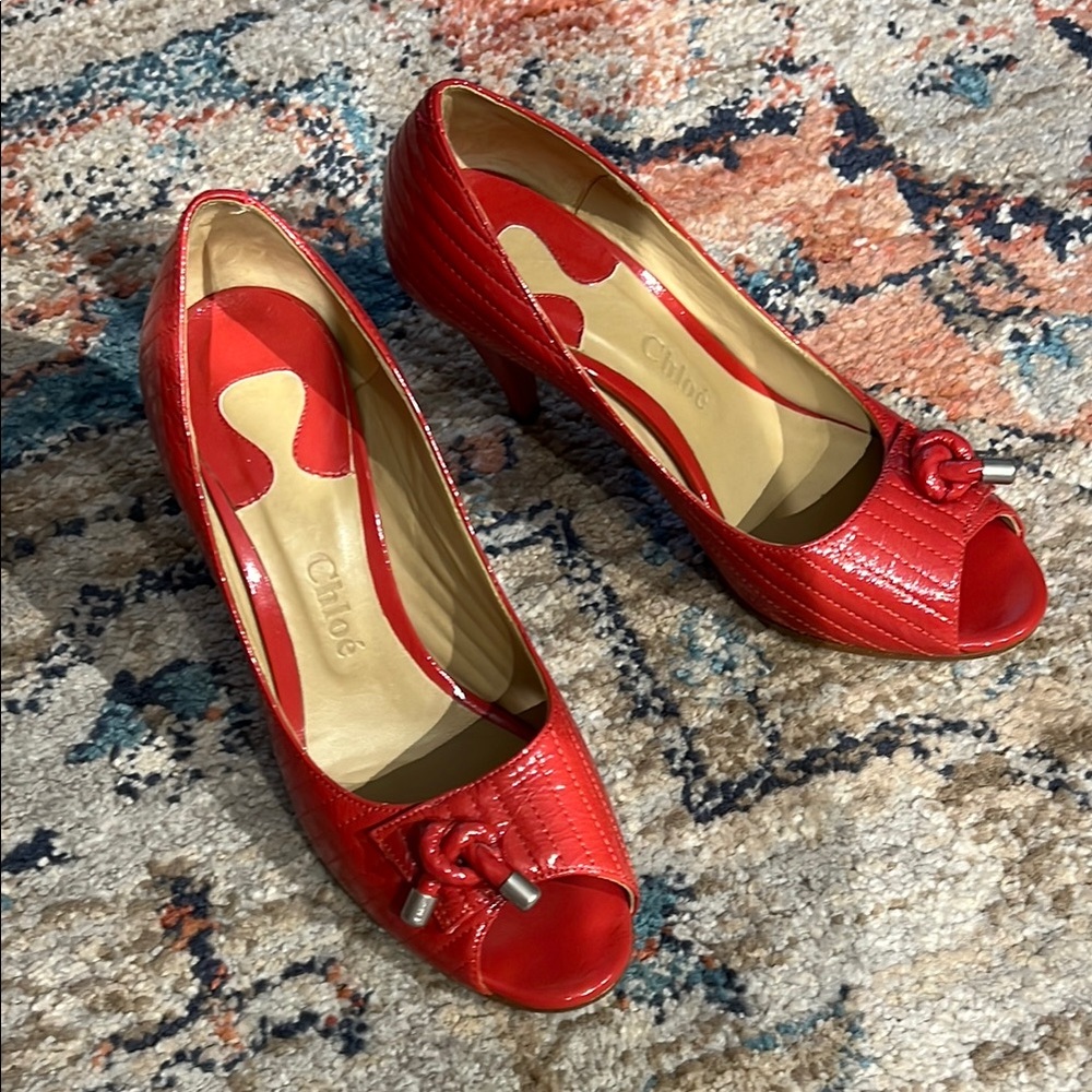 Chloe Red Patent Leather Heels with Bow Detail